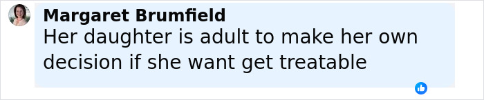 Comentario de Margaret Brumfield discutiendo la decisión de la hija adulta de rechazar la quimioterapia influenciada por su madre.