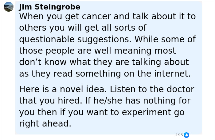 Comente de Jim Steingrobe discutiendo el cáncer, enfatizando después de los consejos del médico sobre las sugerencias cuestionables encontradas en línea.