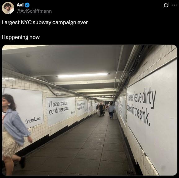 Un tweet de Avi Schiffmann, el creador de Friend AI, sobre la campaña del metro de Nueva York de su compañía, que según él es el más grande de la historia.