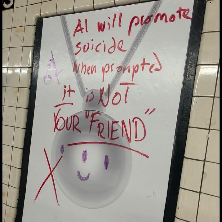 Un ejemplo de la campaña publicitaria de Subway de Amigo Ai NYC que se graffitó a principios de octubre de 2025, poco después de su lanzamiento.