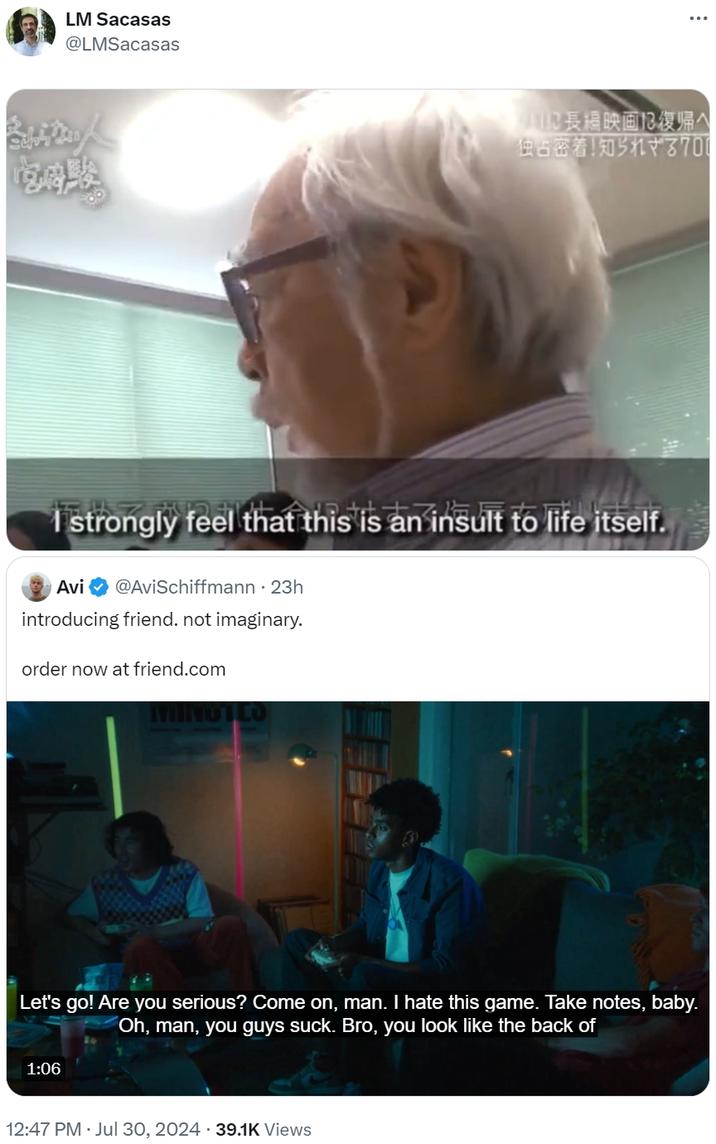 LM SACASAS @LMSACASAS 1112 長映画 13 復帰入 独占密着 独占密着 知られざる 700 Siento firmemente que esta es un insulto a la vida misma. Avi @AVISCHIFFMANN · 23H Presentación de un amigo. no imaginario. Ordene ahora en Friend.com Minotl ¡Vamos! ¿Hablas en serio? Vamos, hombre. Odio este juego. Tome notas, bebé. Oh, hombre, ustedes apestan. Hermano, te ves como la parte posterior de 1:06 12:47 pm ⚫ 30 de julio, 2024 39.1K Vistas