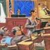 En un boceto de la corte, Sean Combs (izquierda) escucha junto con sus abogados Marc Agnifilo y Teny Geragos como asistente del Fiscal de los Estados Unidos, Christy Slavik (Centro), sus argumentos de cierre como el juez de distrito de los Estados Unidos, Arun Subramanian, presiden durante el juicio de tráfico sexual de Combs en la ciudad de Nueva York.