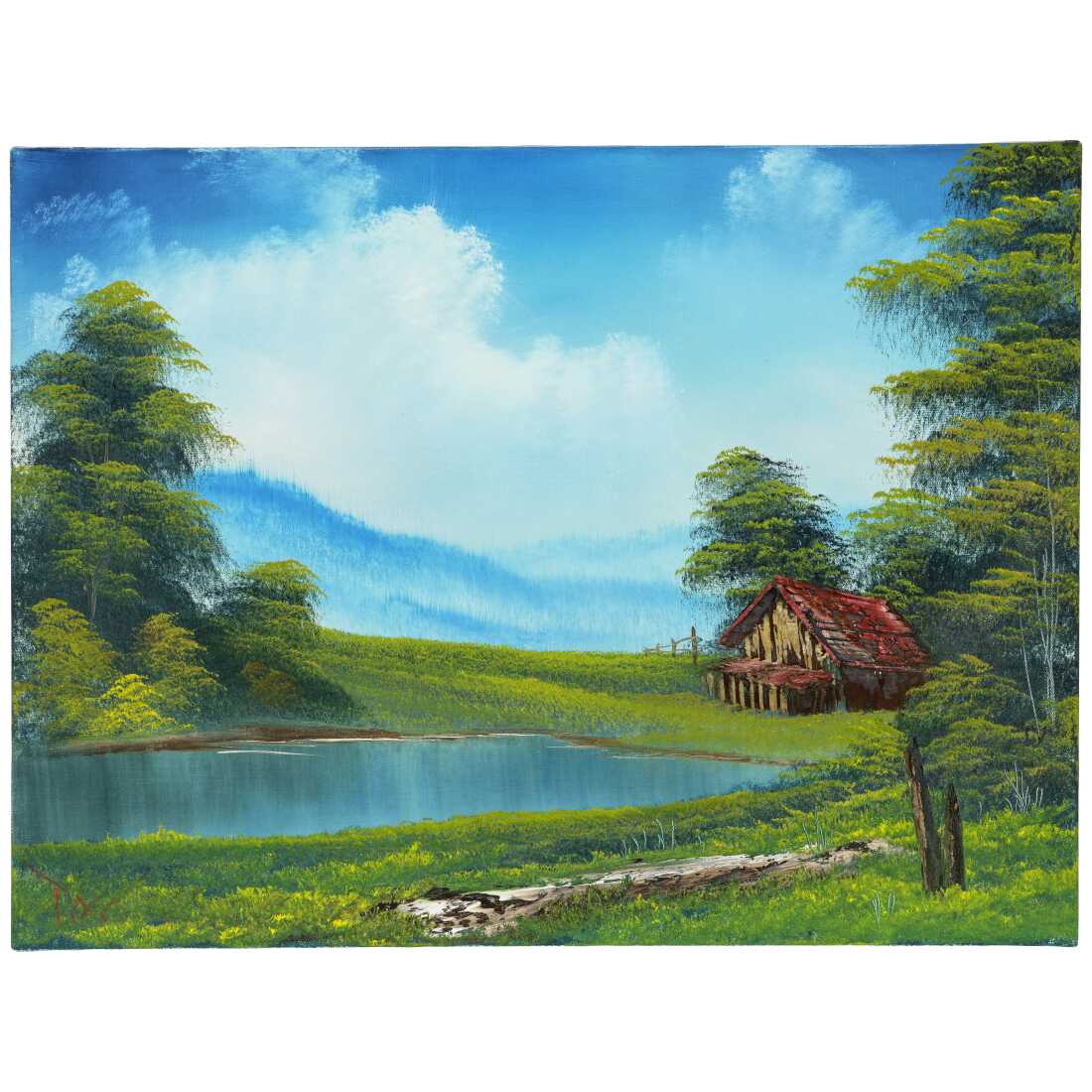 'Hogar en el valle', una pintura de Ross de 1993 de una pequeña casa frente a una pequeña masa de agua en un campo exuberante.