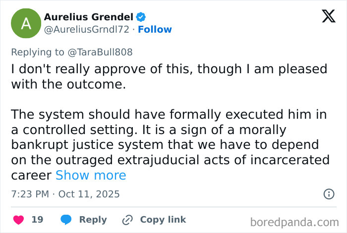 Tweet criticando el sistema de justicia después de que una estrella de rock fuera atacada fatalmente en prisión cumpliendo condena por crímenes contra niños.