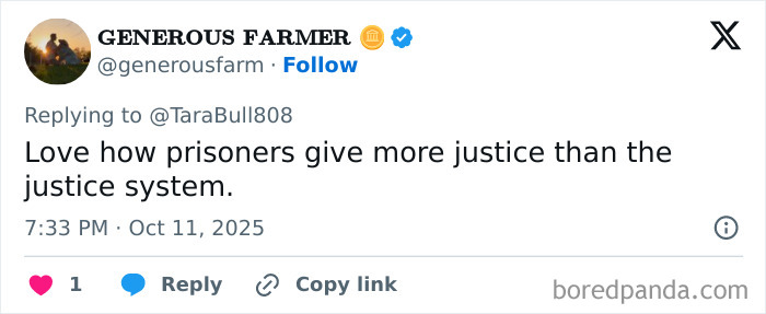 Tweet de Generous Farmer sobre los presos que imparten más justicia que el sistema judicial en casos de violencia carcelaria.
