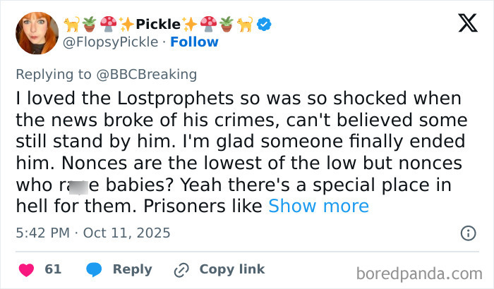 Publicación en las redes sociales que reacciona ante la estrella de rock atacada fatalmente en prisión por crímenes contra niños.