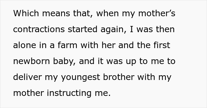 Texto sobre una mujer que da a luz a su hermano menor durante las contracciones, lo que hace que su hermano sienta que lo odia después de agradecerle.