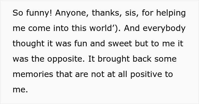 Texto en pantalla que muestra a una mujer que hace sentir a su hermano que lo odia después de que él le agradece por entregarlo.