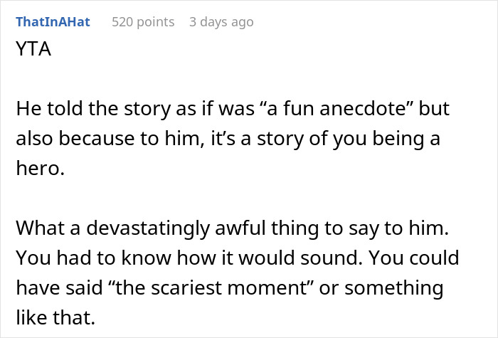 Comente sobre cómo una mujer hace que su hermano sienta que lo odia después de que él le agradece por entregarlo.