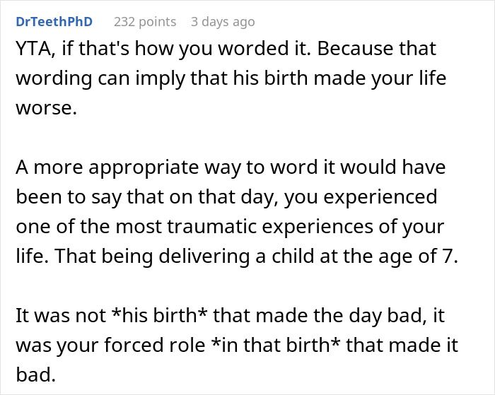 Un comentario sobre cómo la redacción puede implicar un trauma en una mujer hace que su hermano sienta que lo odia después de que él le agradece por liberarlo.