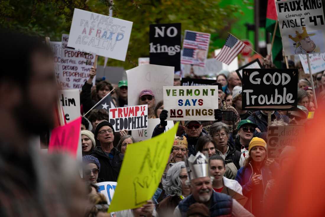 Los manifestantes se reunieron en City Hall Park en Burlington, VT, el 18 de octubre de 2025 como parte de la manifestación nacional No Kings.