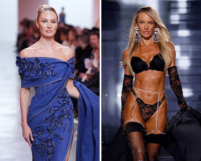 Modelos de Victoria's Secret mostradas en tomas de antes y después destacando las diferencias en la aplicación de bronceado artificial en la pasarela.