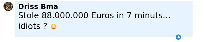 Comentario que menciona el robo de 88 millones de euros en 7 minutos, relacionado con el ladrón de joyas y el ladrón del Louvre más famosos de Estados Unidos.