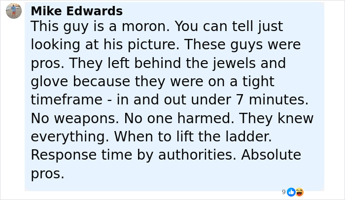 Captura de pantalla de un comentario en las redes sociales sobre el ladrón de joyas más famoso de Estados Unidos y el truco de contrabando del robo al Louvre.