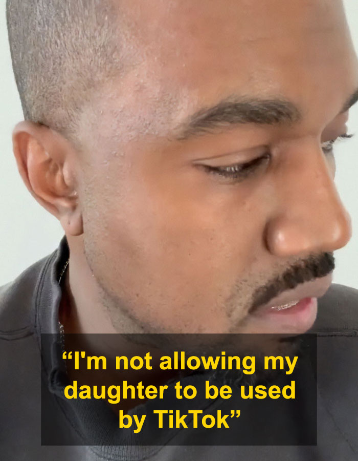 Primer plano de Kanye West con una expresión seria, destacando la advertencia sobre la vida en línea de su hija North y el uso de TikTok.