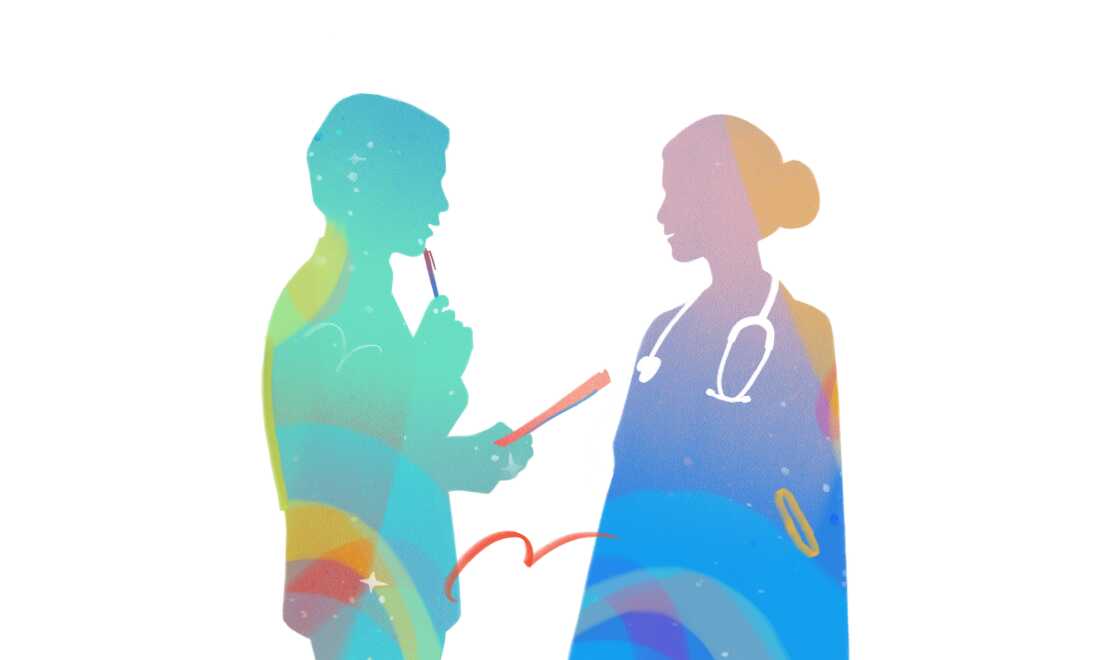 Coloridas siluetas de dos personas de perfil, una frente a la otra. La persona de la izquierda sostiene papel y lápiz. La persona de la derecha lleva una bata médica y un estetoscopio. 