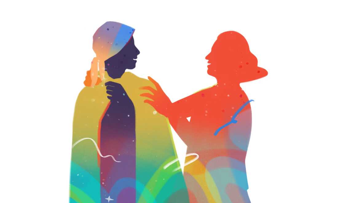 Imagen de dos figuras en siluetas coloridas. La figura de la izquierda viste una manta y un pañuelo en la cabeza, ya que acaba de terminar un tratamiento de quimioterapia. La persona de la derecha pone sus manos sobre sus hombros mientras se miran. 