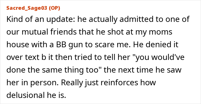 Publicación de texto de Sacred_Sage03 que comparte una actualización sobre su ex admitiendo haber disparado en la casa de su madre con una pistola de aire comprimido.