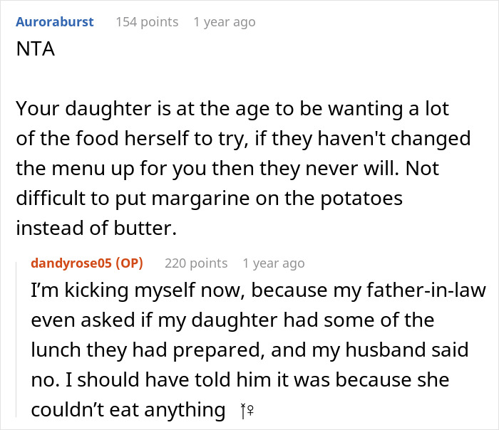 Conversación de Reddit que muestra a una madre hablando de ser ignorada por sus suegros durante las cenas familiares y negarse a asistir más.