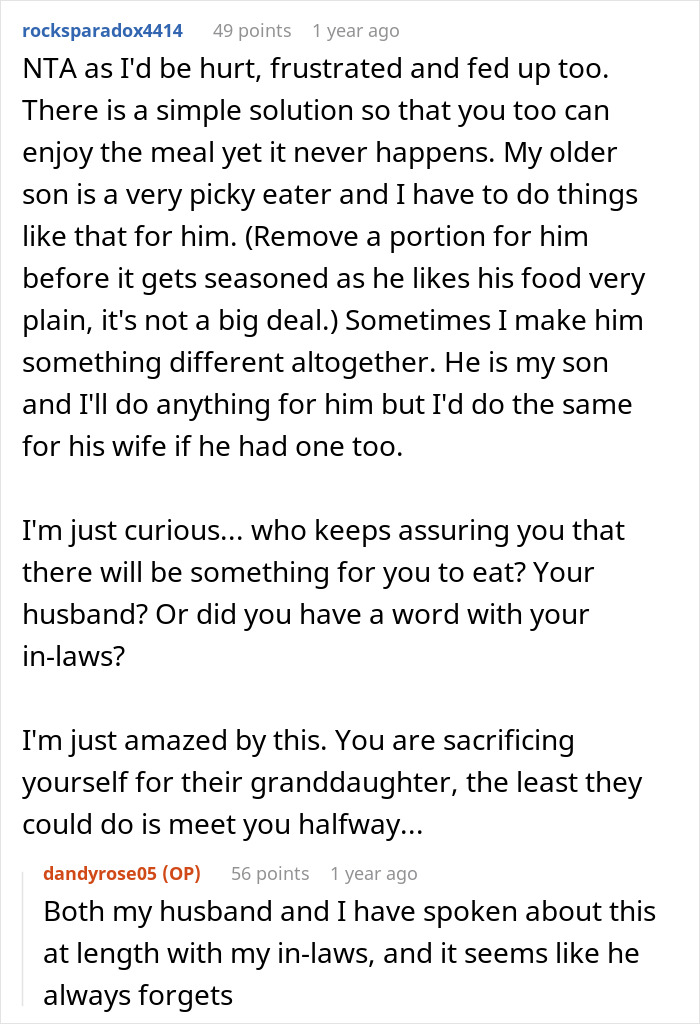 Texto alternativo: Discusión en línea sobre una madre que se niega a asistir a cenas familiares después de ser ignorada por sus suegros.