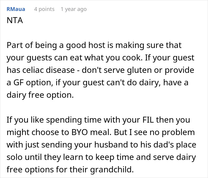 Comente sobre las responsabilidades de anfitriona y las adaptaciones dietéticas relacionadas con el rechazo de la madre a las cenas familiares después de haber sido ignorada por sus suegros.