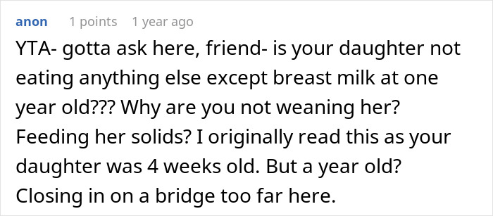 Comentario de anon al interrogar a una madre sobre el destete de su hija de un año de la leche materna a los sólidos.