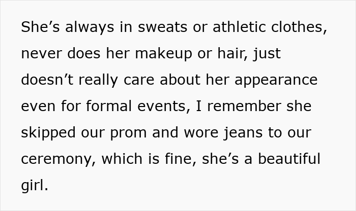 Extracto de texto sobre una mujer que defiende excluir a un amigo de un baile extravagante por cuestiones estéticas.