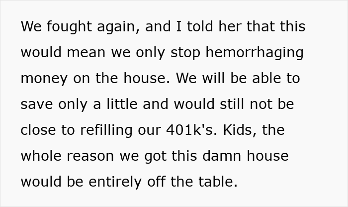 Extracto de texto que muestra a un esposo discutiendo luchas financieras y problemas matrimoniales durante una cena tensa con su esposa y sus padres.