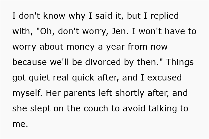 El marido amenaza con divorciarse durante una cena con los padres de su esposa, lo que provoca tensión y el matrimonio se desmorona silenciosamente después.