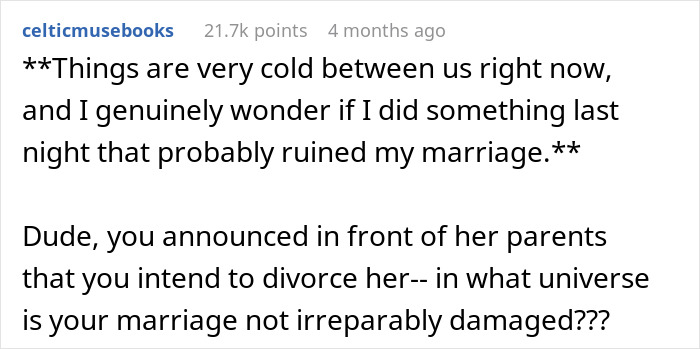 Publicación de texto sobre un marido que amenaza con divorciarse durante una cena con los padres de su esposa, lo que provoca problemas en el matrimonio.