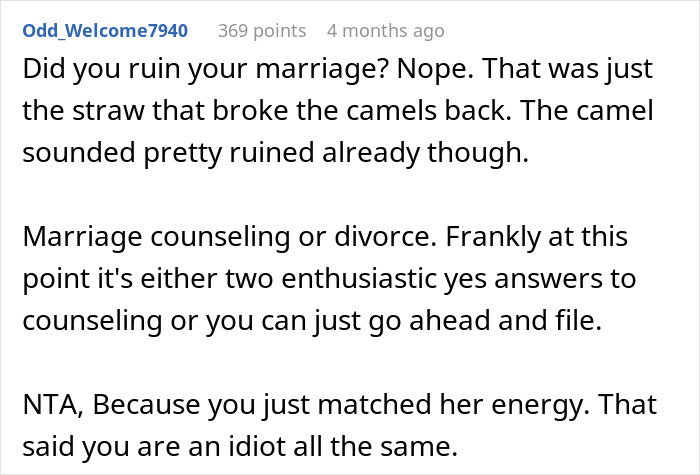 Comente sobre el impacto que tiene la amenaza de un marido de divorciarse durante la cena sobre el matrimonio de la esposa y las opciones de asesoramiento.