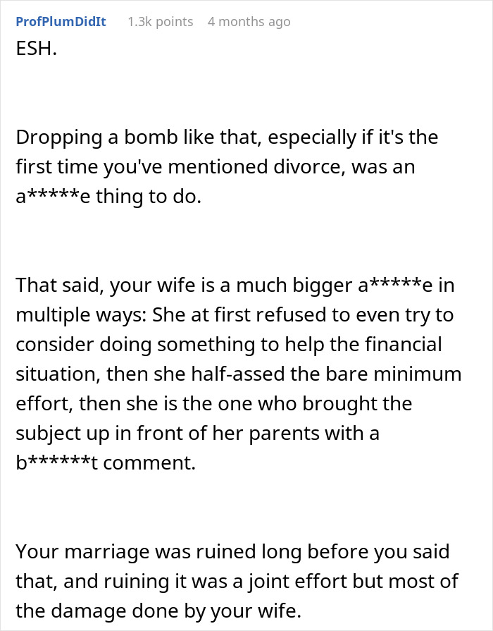 Comente sobre la amenaza del marido de divorciarse durante una cena con los padres de su esposa y los problemas matrimoniales resultantes.