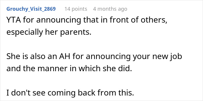 Comente sobre un esposo que amenaza con divorciarse durante una cena con los padres de su esposa, lo que provocó que su matrimonio se desmoronara.