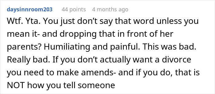 Comentario de texto que critica a un marido que amenaza con divorciarse durante una cena con los padres de su esposa, calificándolo de humillante y doloroso.