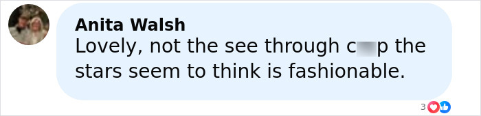 Comentario de Anita Walsh criticando las tendencias de ropa transparente, expresando una preferencia por los estilos de moda clásicos.