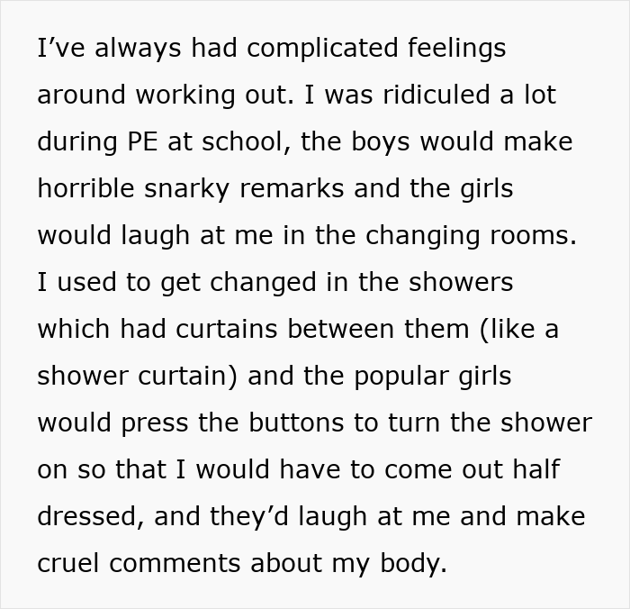 Una mujer con sobrepeso recuerda el trauma infantil de los adolescentes que se reían de su cuerpo durante el gimnasio y los vestuarios de educación física.