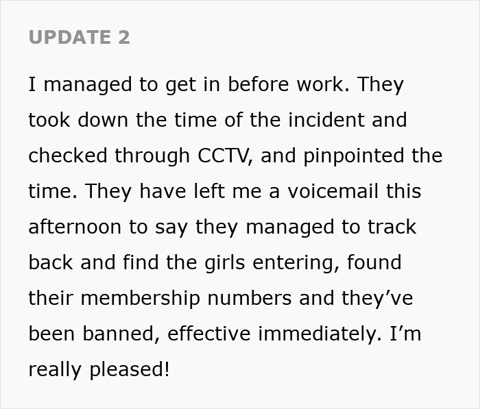 Actualización de texto sobre el trauma infantil que inunda a una mujer con sobrepeso después de que los adolescentes se ríen de ella en el gimnasio con un seguimiento del incidente y la prohibición de las niñas.