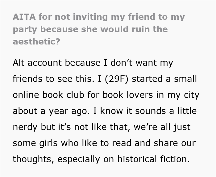 Publicación de texto sobre una mujer que defiende excluir a un amigo de un baile extravagante para proteger la estética.