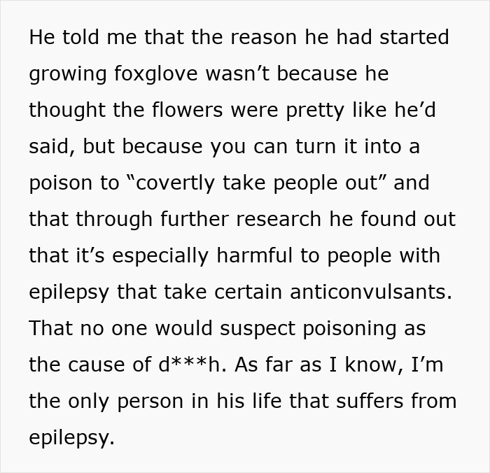Extracto de texto sobre una mujer que se da cuenta de que su ex podría haberla estado envenenando, mencionando el veneno de la dedalera y los riesgos de epilepsia.