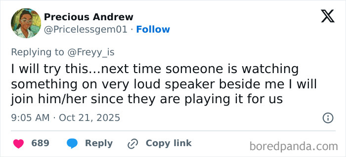 Tweet de Precious Andrew respondiendo a la historia de un usuario de altavoz, compartiendo planes para unirse al oyente de altavoz la próxima vez.