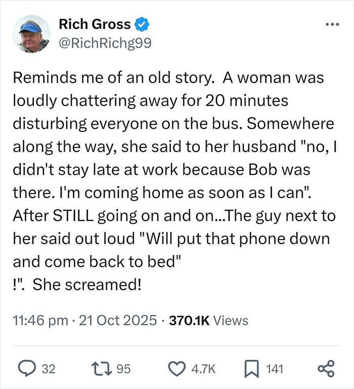 Tweet de Rich Gross que comparte una historia sobre cómo apagar a un usuario de altavoz en un autobús.
