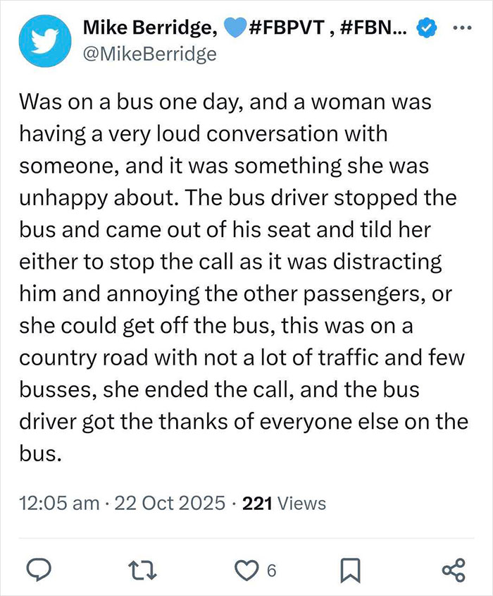 Tuitea compartiendo una historia sobre un conductor de autobús que apagó a un usuario de altavoz, lo que provocó que otros se unieran.