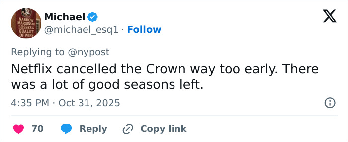 Captura de pantalla de un tweet sobre la cancelación de The Crown por parte de Netflix, relacionado con la influencia de Kate Middleton y la reina Camilla en la eliminación del título de Andrew.