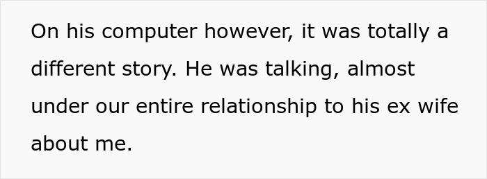 Texto en pantalla que muestra a una mujer descubriendo que su amable y atento marido se burló de ella con su ex esposa infiel.