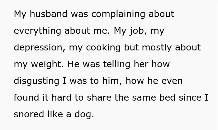 Extracto de texto que revela que una mujer descubre que su marido, que la apoya, se burló de ella con su ex esposa infiel.