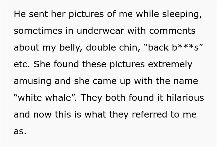 Texto alternativo: texto que describe a una mujer que descubre que su marido, que la apoya, se burló de ella con su ex esposa infiel.