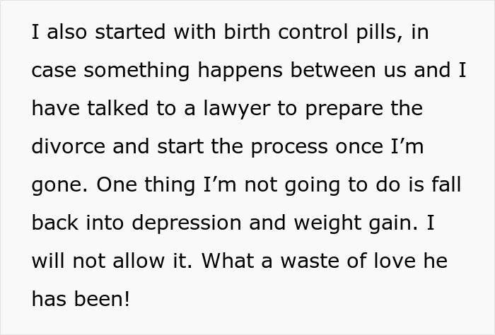 Extracto de texto de una mujer que se prepara para el divorcio después de descubrir que su marido, que la apoyaba, se burló de ella con su ex esposa infiel.
