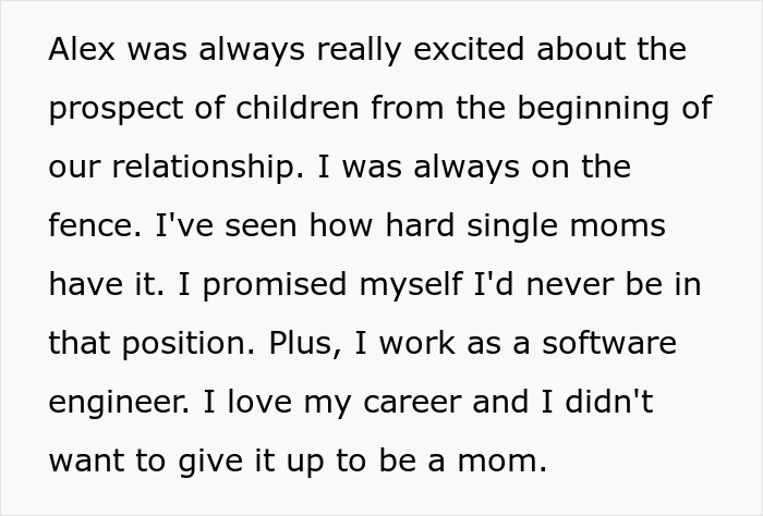 Extracto de texto sobre un hombre resentido con su esposa después de un embarazo difícil, que comparte opiniones sobre los niños y su carrera como ingeniero de software.