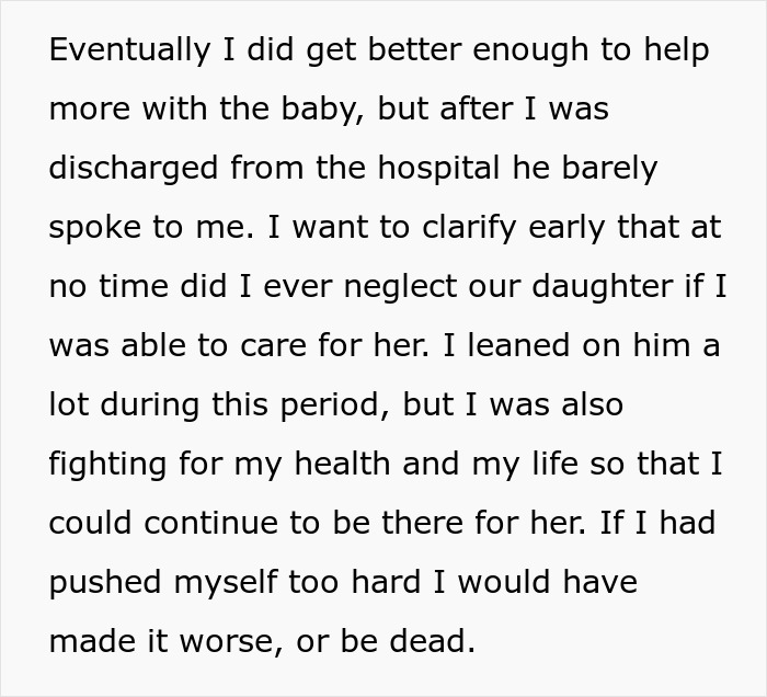 Texto sobre la esposa que se recupera después de un embarazo difícil y el marido que está resentido con ella, pero ella cuidó a su hija a pesar de los problemas de salud.