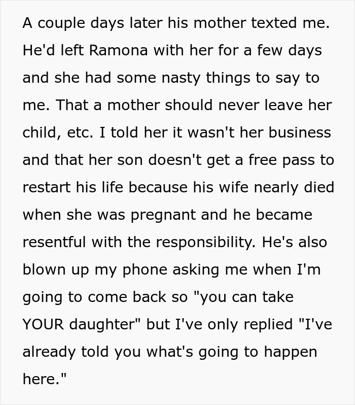 Extracto de texto que muestra a un hombre resentido por el difícil embarazo de su esposa y el resultante conflicto familiar sobre responsabilidades y divorcio.